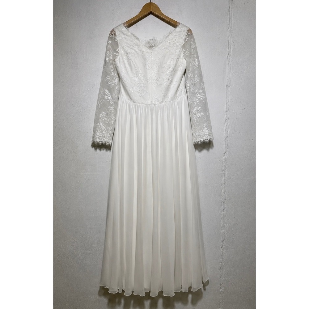 Ballbella Ivory Lace Chiffon Wedding Dress M Long Sleeve Beaded A-Line NWT